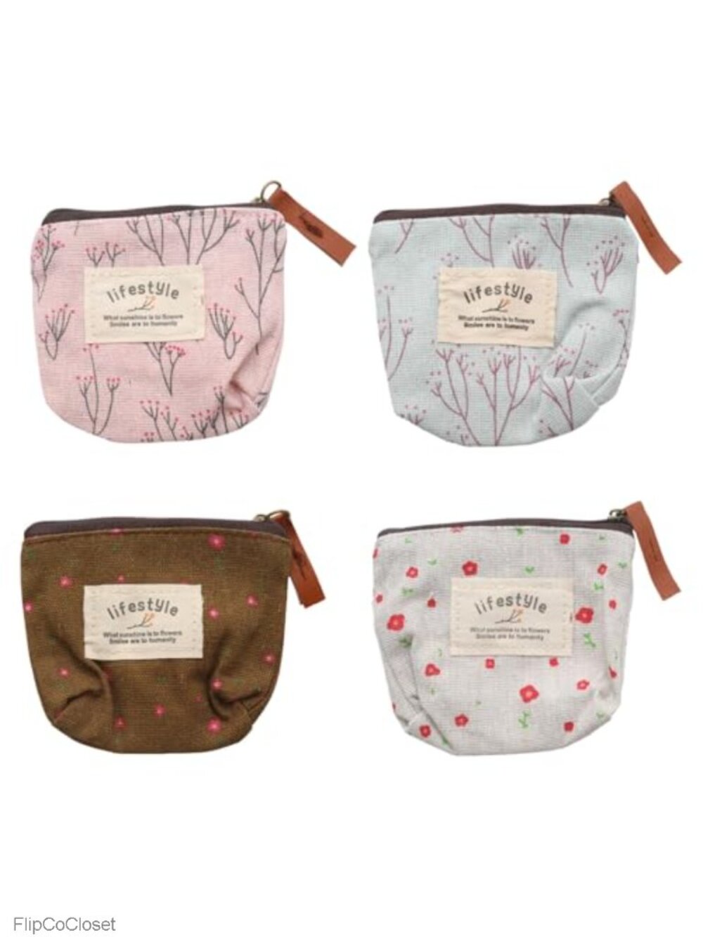 4pc Mini Canvas Coin Purse Set Floral Zipper Pouch Makeup Bag